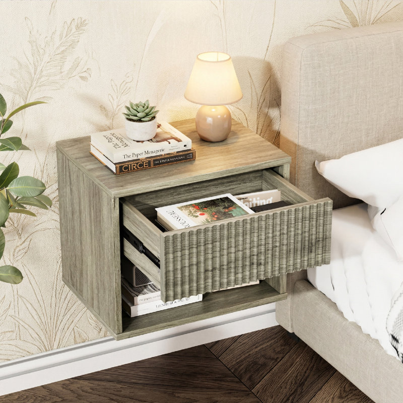 16 Inches Wide Floating Nightstand - 1 Drawer, 1 Shelf - Set Of 2, Gray