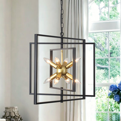 Lustre carré ajustable de 8 lumières de 21,65 po à hauteur réglable de style bougie Spoutnik de style industriel pour salle à manger, vestibule, salon
