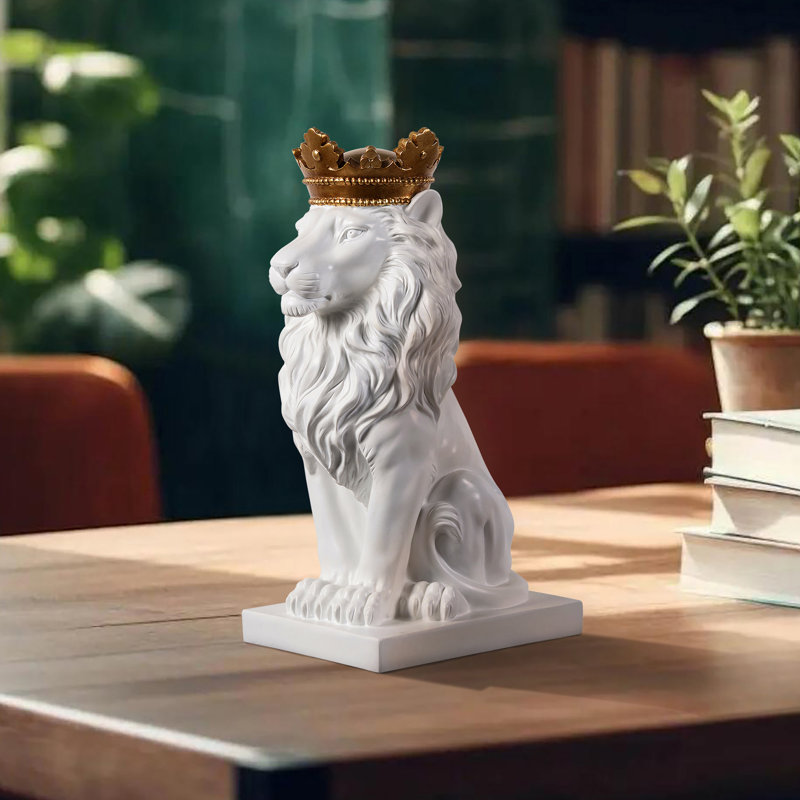 14,5 po H lion assis avec couronne statue en résine décor à la maison salon, Blanc / Doré