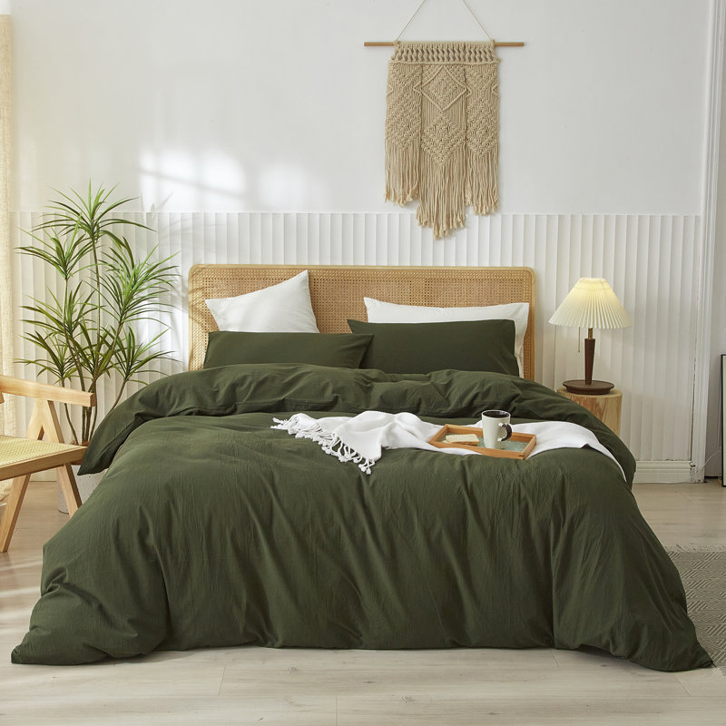 Ensemble de housse de couette 100% coton lavé Doneus, Housse de couette très grand + 2 taies d'oreiller, Vert olive