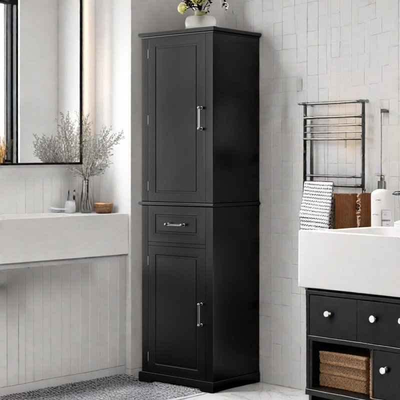 Grande armoire de rangement pour salle de bain avec 2 portes de tailles différentes, une tablette réglable, une étagère de porte et un tiroir