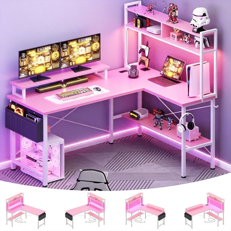 L-Shaped Gaming Desk with Power Outlets & LED Lights, Small Corner Computer Desk with Monitor Stand & Storage Shelf, Gaming Table with Storage Bag