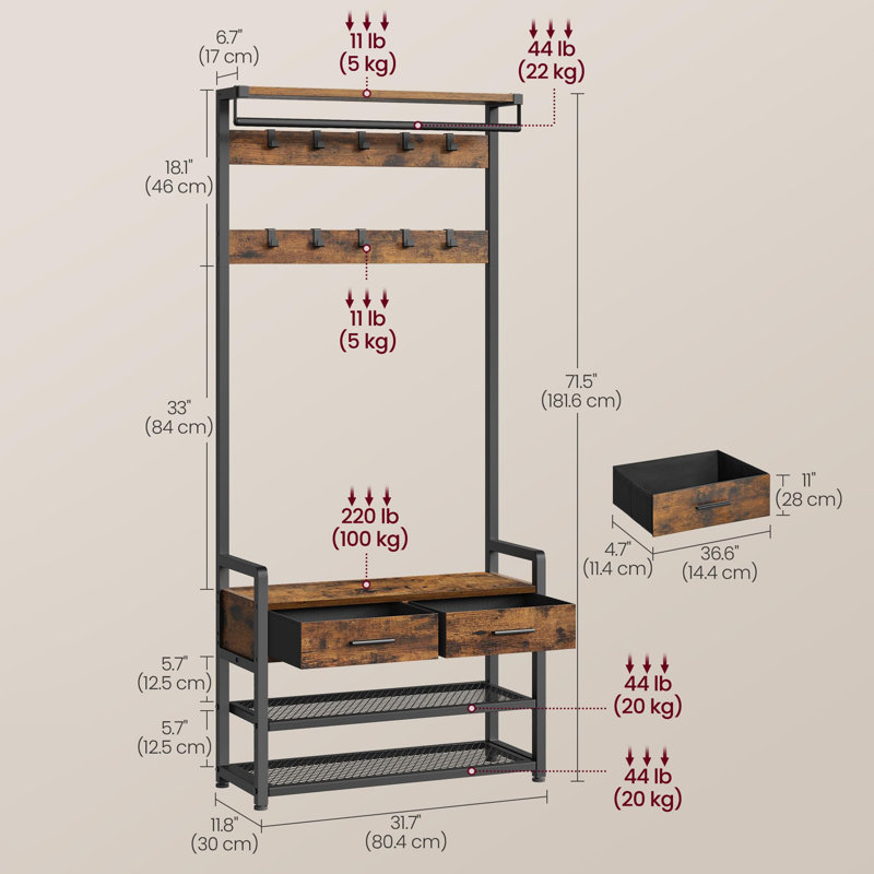 Entryway Coat Rack, Vintage Brown