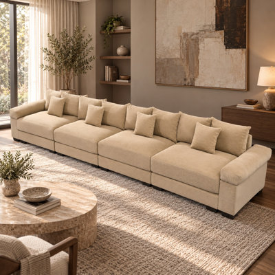Oversized Corduroy Modular Lounge Sectional Sofa, Deep Seat with Wide Padded Arms, Camel, 4-Seater, No Ottoman