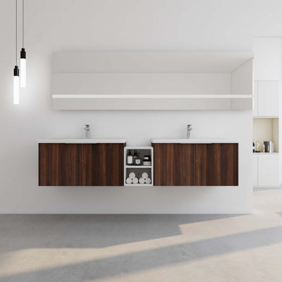Meuble-lavabo à fermeture en douceur avec lavabo, petites tablettes de rangement et armoire combinée