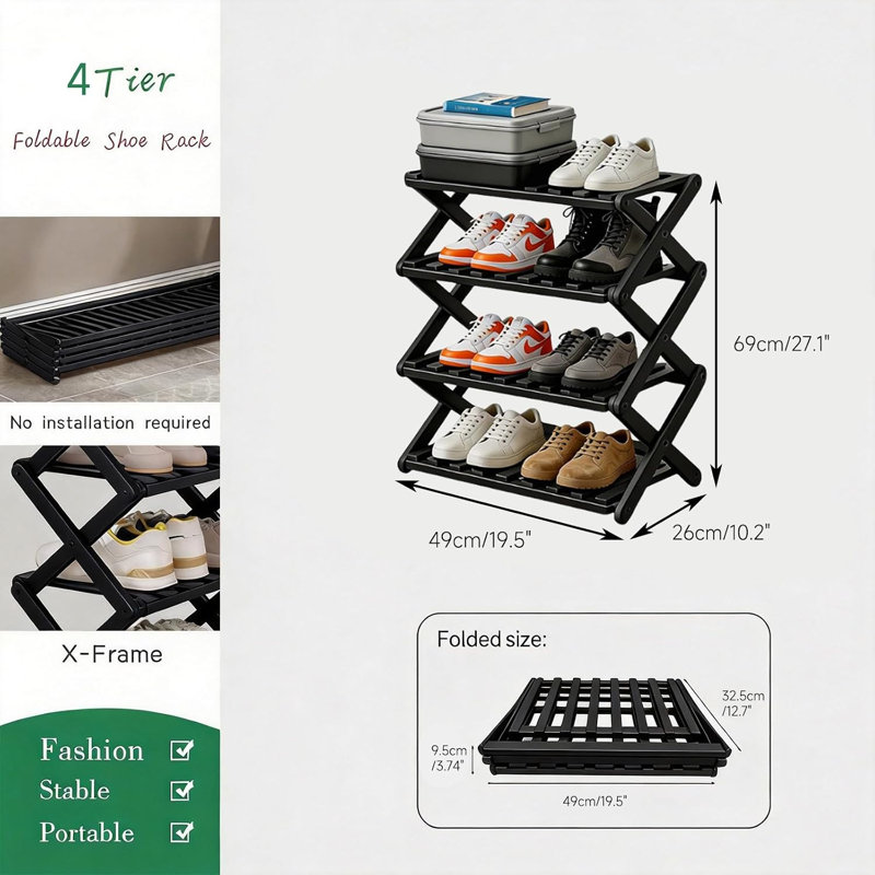 4 Tier Bamboo Shoe Rack Black