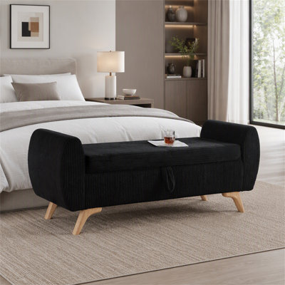 Banc de lit coffre moderne en velours côtelé avec pieds en bois massif et siège rabattable pour chambre ou entrée