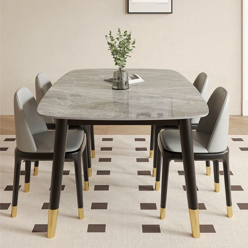 Black + Gold Rectangular Sintered Stone + Solid Wood Dining Table, 29.53"H x 55.12"L x 31.5"W