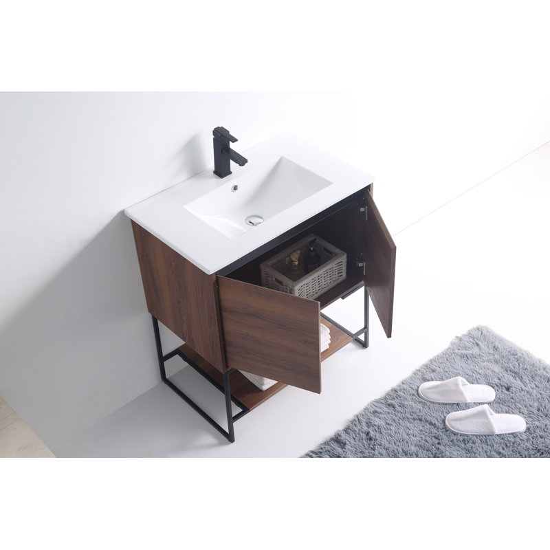 Fiquett 30'' Single Bathroom Vanity with Ceramic Top, Walnut