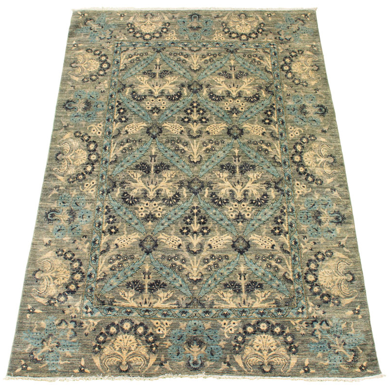 Tapis unique gris / beige en laine noué à la main nouvel âge Lahore 5 pi 1 po x 8 pi Casciola