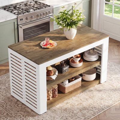 55.1-Inch Farmhouse Kitchen Island with 2-Tier Storage Shelves, Wooden Stationary Island Table for Kitchen Dining Room