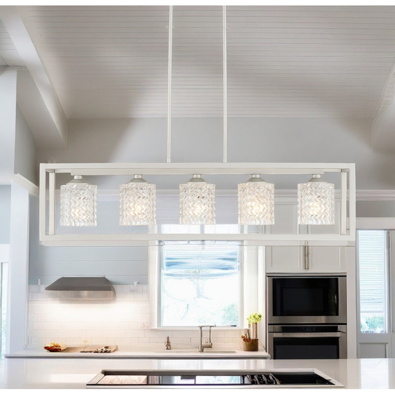 Gerberoy 5 - Light Kitchen Steel Dimmable Island Rectangle Modern Chandelier, Satin Pewter
