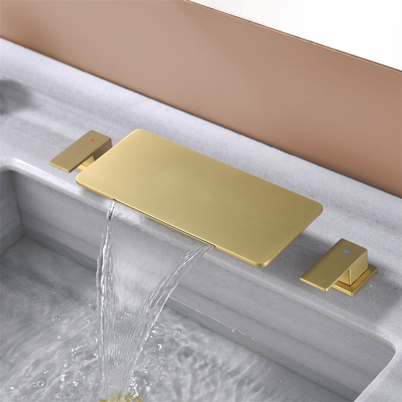 3 Hole Deck Mount Tub Faucet Waterfall Bathtub Faucet Brass 2 Handle Tub Fillers With Valve, Brushed Gold