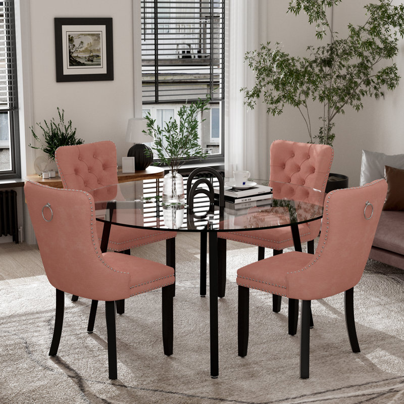 Ensemble de salle à manger rond avec chaises capitonnées, Rose