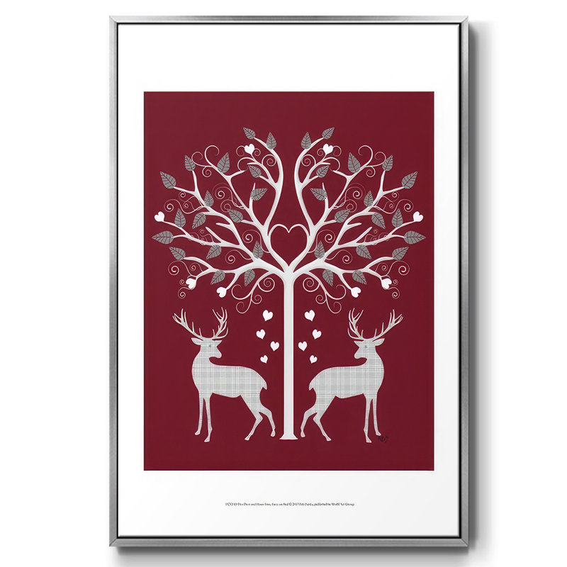 Christmas Des - Deer and Heart Tree, gris sur fond rouge, reproduction sur toile, H 25 po x l 17 po x P 1,5 po, Argent