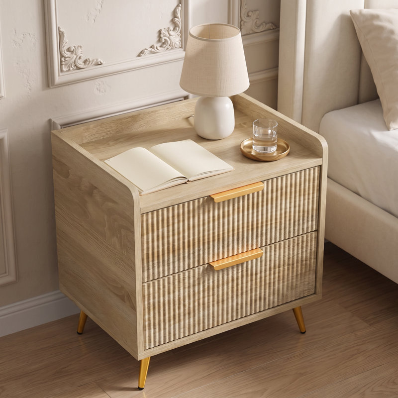 Bedside Table with 2 Drawers, Natural Wood Finish, Fluted Drawer Panels, Gold Metal Legs, Modern 50x40x50cm
