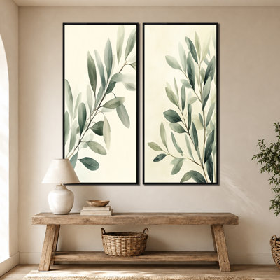 Branche d'olivier en eucalyptus doux I - Tableau encadré en deux parties représentant de l'eucalyptus