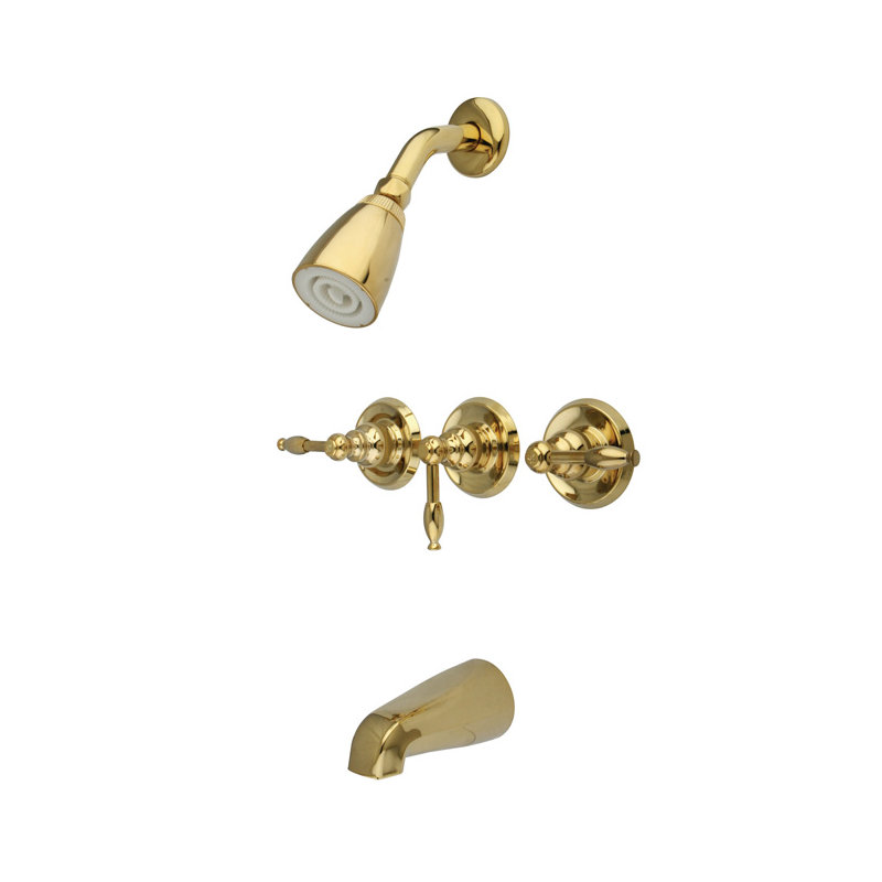 Volume Control Tub and Shower Faucet with Knight Lever Handles, Polished Brass Finish