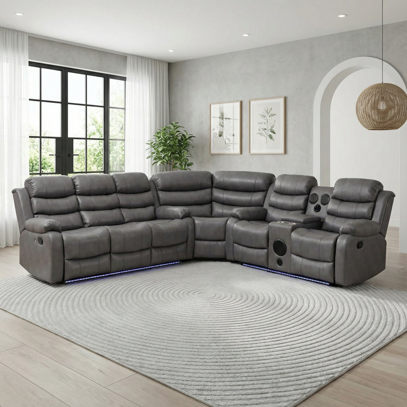 3 Piece Faux Leather Reclining Sectional with LED Lighting, Bluetooth Speaker & Charging Console, Gray