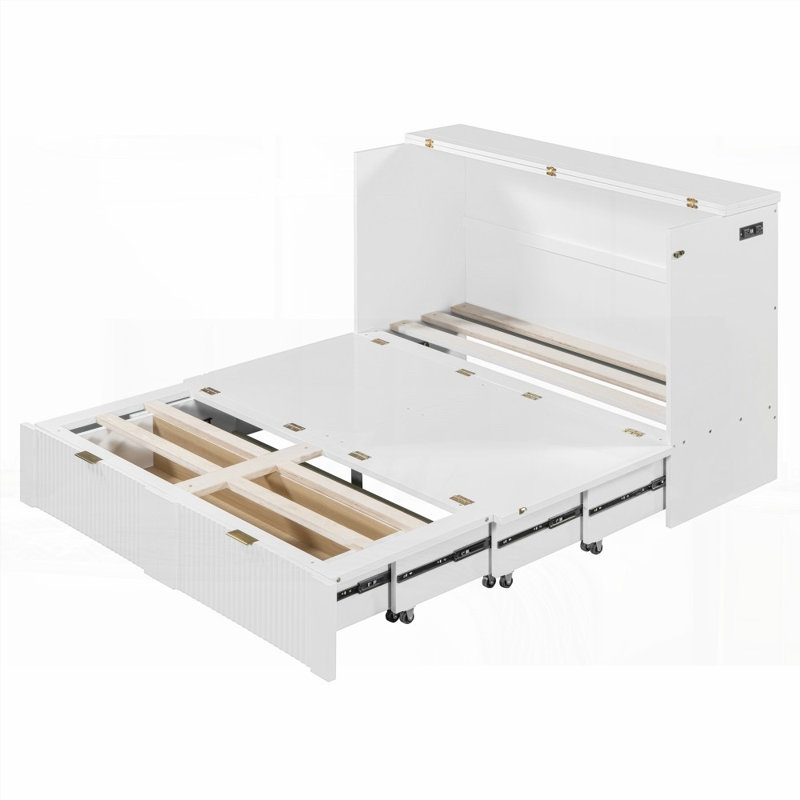 Lit escamotable double avec tiroir et amp; Prises de courant / ports USB, structure de poulie, blanc peu encombrant, Blanc
