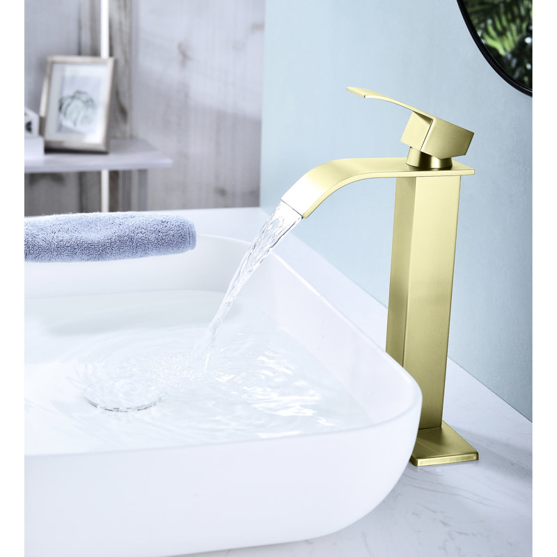 Single Handle Bathroom Faucet With Waterfall Spout, Brushed Gold, Stainless Steel, Functional Essential Gold Vanity Faucet, Handle, Decoration Piece