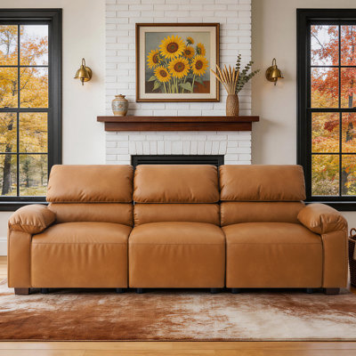 Mid-Century  Faux Leather Sofa Couch with Deep Cushions and Solid Wood Frame for Living Room