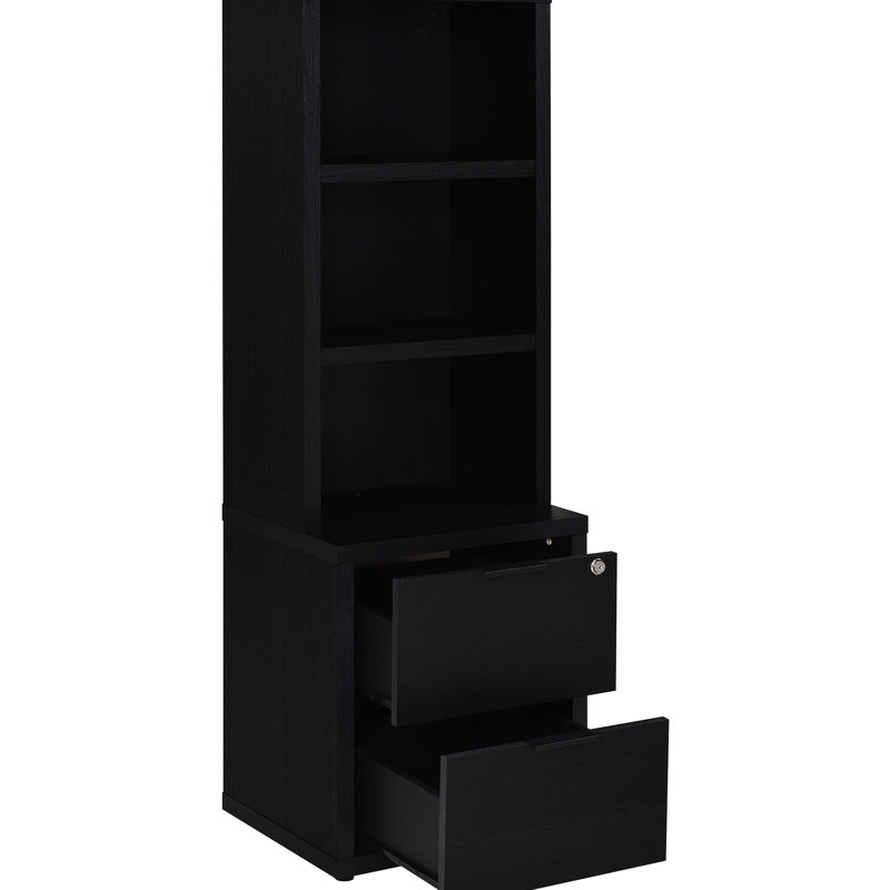 Bibliothèque en trois parties, fini noir, transformable en étagère tour ou en meuble mural, avec étagères ouvertes, tiroirs sécurisés et rangements intégrés pour une organisation polyvalente. Parfait pour rehausser votre espace de vie principal.