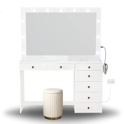 Boahaus Diana LARGE Lighted Vanity Makeup Desk, Big Vanity Mirror with Built-In Lights, Stool, 07 Drawers, C/USB Power Outlet -  Boahaus LLC, W.16.09-23-6105-11B-6210-07-1705-23