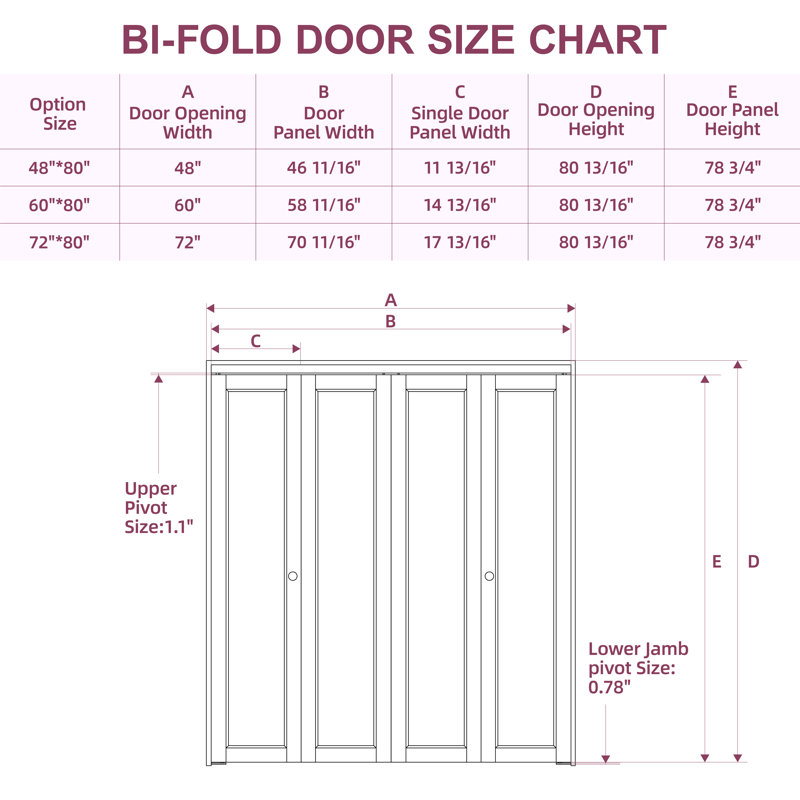 80H Panel Solid Wood Bi-Fold Door with Installation Hardware Kit, 64" x 80"