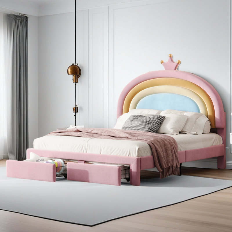 Lit tapissier à motif arc-en-ciel, lit plateforme en velours avec tiroir de rangement, aucun sommier nécessaire, Lit double