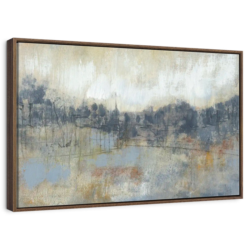 Horizon gris froid I, 46 po x 31 po, Cadre flottant noyer
