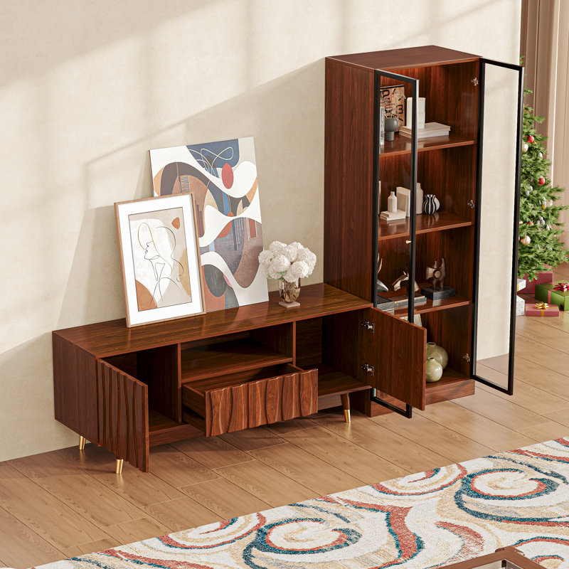 Walnut Brown Mid-century Modern Living Room Entertainment Center Tv, Wood Media Console Includes Tv Stand With Storage And 4-tier Glass Display Shelves For Living Room And Bedroom