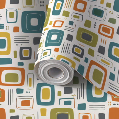 Peel and Stick Wallpaper Contact Paper Retro Mid Century Abstract Geometric Teal Orange Olive Self Adhesive and Removable 17.7in x 118in(45x300cm)