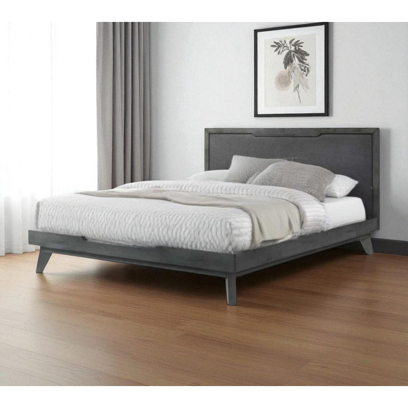 Structure de lit grand en bois et lin gris