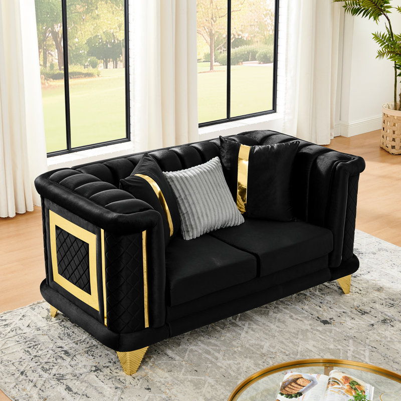 69 pouces de style victorien moderne en velours de luxe de style Mid-Century avec acier inoxydable doré et 3 coussins exquis pour l'espace de vie principal 2 - garniture de siège, texture brodée