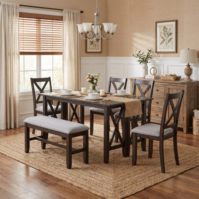 Farmhouse Rustic 6-Piece Dining Room Set, Solid Wood Foldable Multipurpose Table with 4 Upholstered Chairs and Bench, Kitchen Dining Table Set for 6,