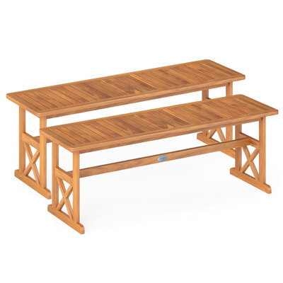 2 PCS 51 Inches Acacia Wood Outdoor Bench w/ Slatted Seat & X-Shaped Frame by Gracie Oaks