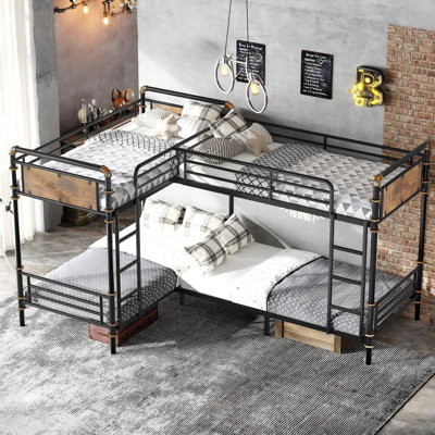 Black Heavy-Duty Metal Four-Person Bunk Bed With A Detachable Three-Layer Structure That Can Be Separated Into Three Single Beds, Flexibly Adapting To Children's Living Needs.