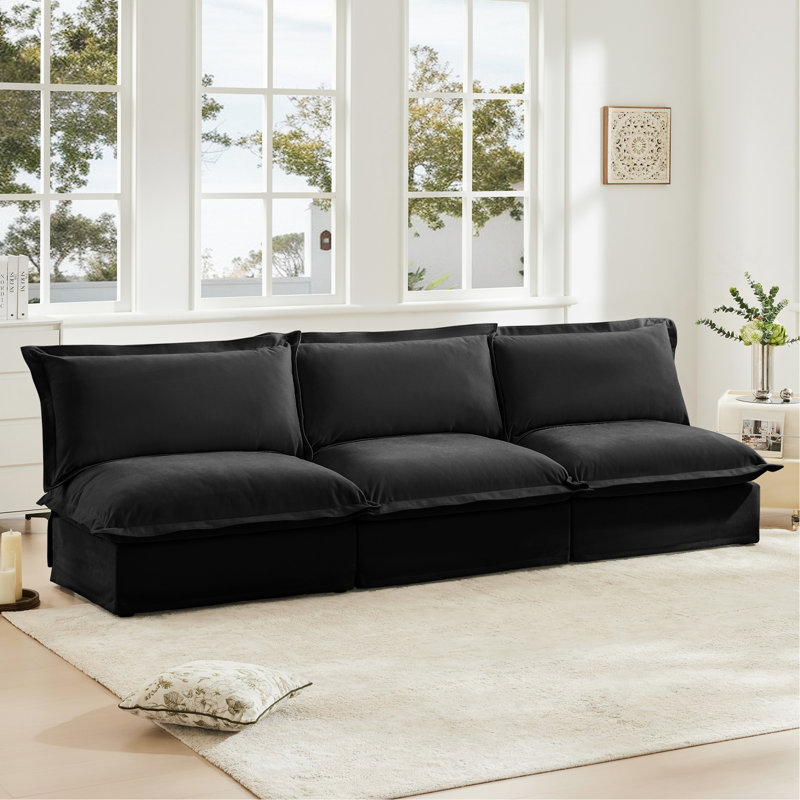 Canapé modulaire moderne sans accoudoirs 3 places, canapé profond 3 places, canapé sans accoudoirs, tissu chenille, noir