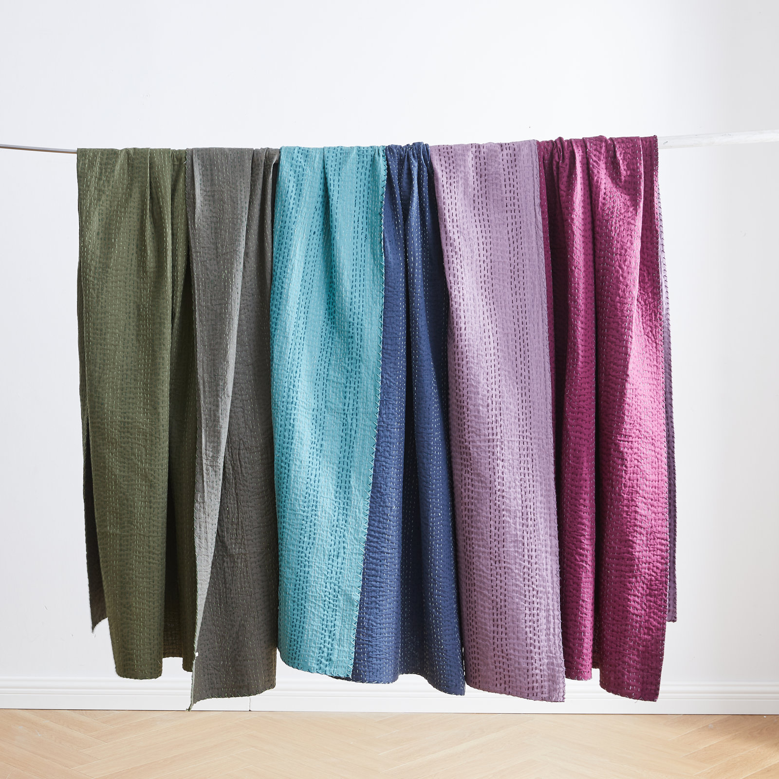 Handstitch Reversible Color Kantha Coverlet, Queen Coverlet, Purple