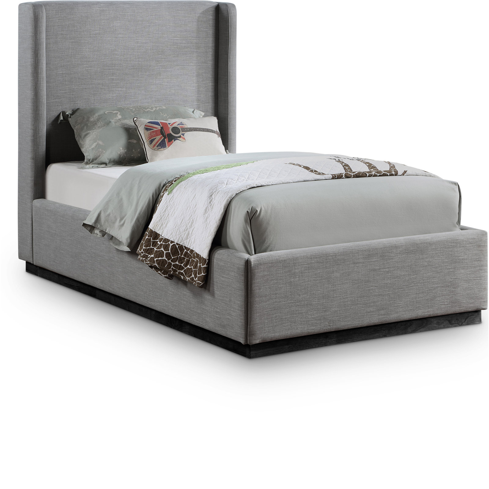 Upholstered Panel Bed, Twin, Grey Linen Textured Fabric