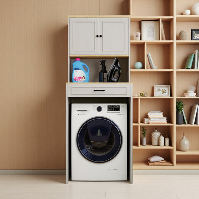 Armoire de rangement au-dessus de la laveuse et de la sécheuse, organisateur de rangement pour salle de lavage avec 1 porte, une tablette réglable et un faux tiroir