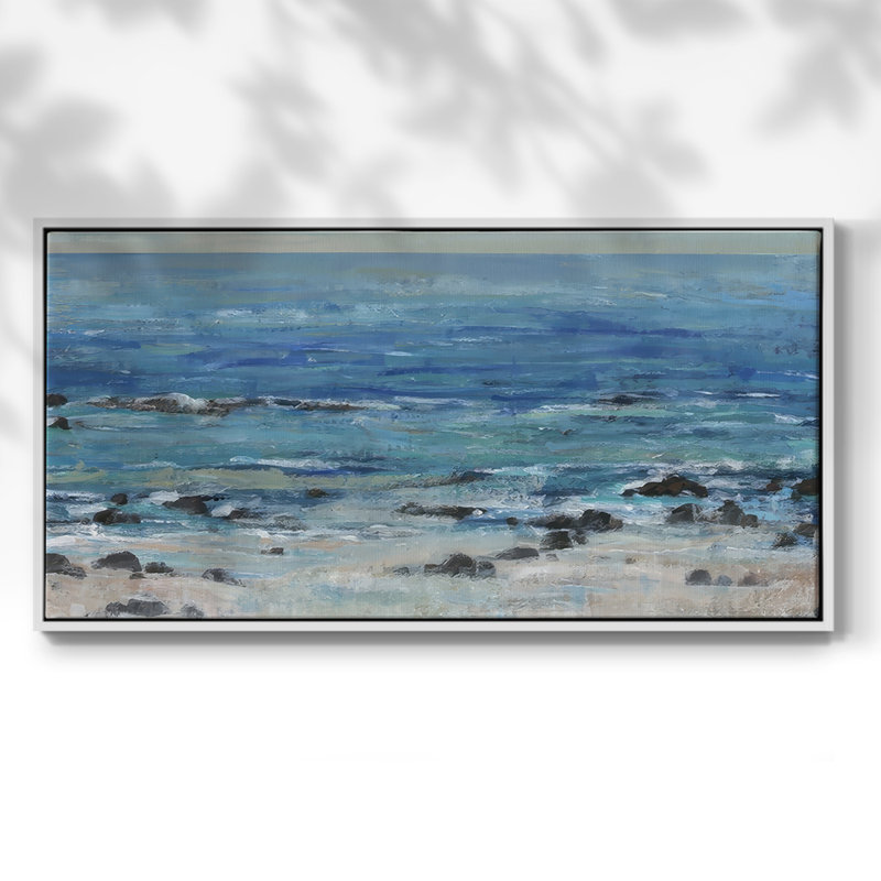 Breaking at the Beach II - Toile tendue avec châssis encadré - Prêt à être accroché, H 17 po x l 33 po, Blanc