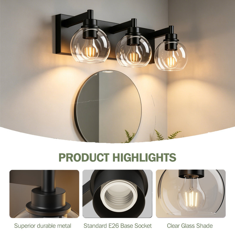 Éclairage pour meuble-lavabo noir mat avec abat-jour en verre transparent, douille E26, 3 Lights