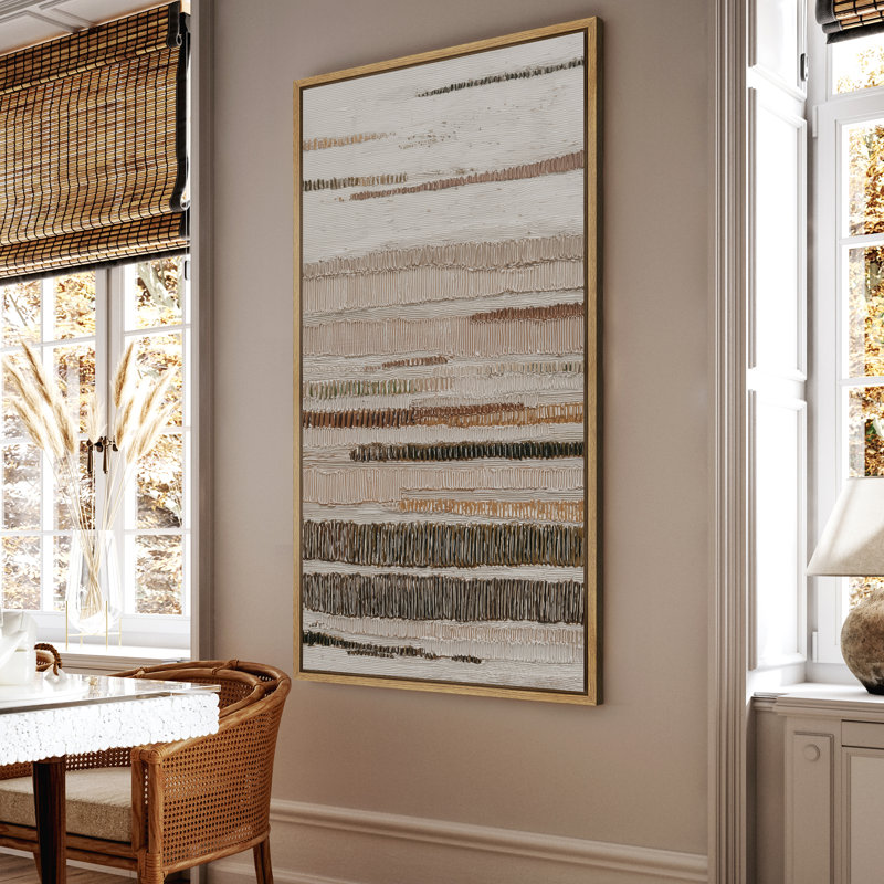 Neutral Horizontal Stripes in Beige and Brown - Large Framed Canvas Master Bedroom Wall Art Print, 60" H x 30" W x 1.5" D