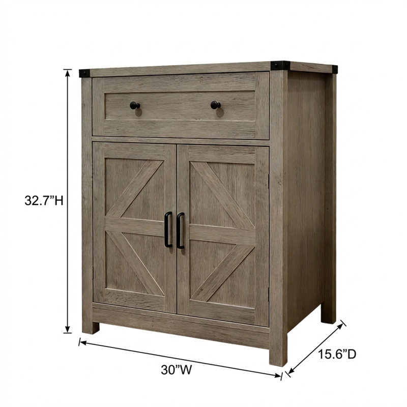 Light Gray-Washed Wood Farmhouse Barn-Door Storage Cabinet，Coffee Bar Sideboard with Drawer for Kitchen & Living Room