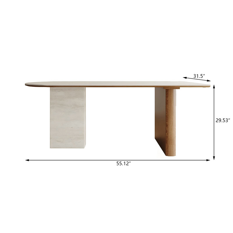 Sintered Stone Solid Wood Ash white and brown Dining Table, 29.53"H x 55.12"L x 31.5"W