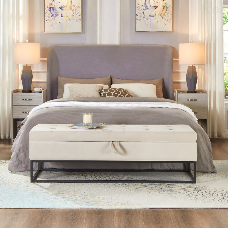 Banc de lit 58,6 po - base en métal, avec fonction de rangement, Beige