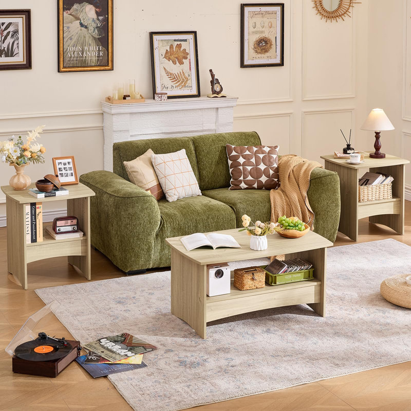 Table basse de style champêtre avec rangement ouvert à 2 niveaux et bords arrondis, Chêne