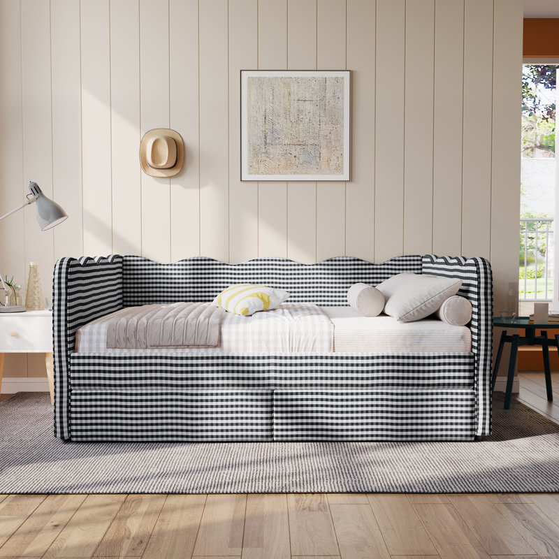 Gingham Daybed With 2 Storage Drawers And Usb Port, Wave-Shaped Design, Full, Black